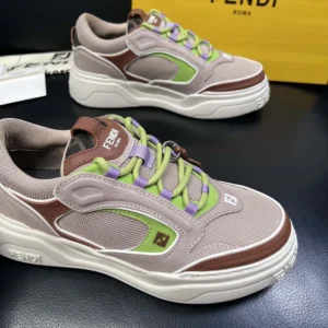 Fendi Unisex Force Sneakers Beige Mesh and Brown Leather Low-tops