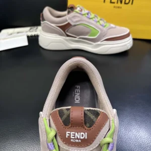 Fendi Unisex Force Sneakers Beige Mesh and Brown Leather Low-tops
