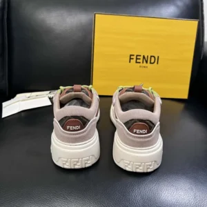 Fendi Unisex Force Sneakers Beige Mesh and Brown Leather Low-tops