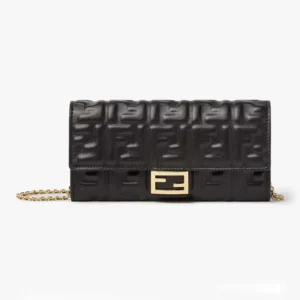Fendi Women Baguette Continental Wallet With Chain Black Nappa Leather Wallet