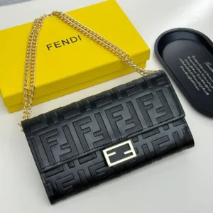 Fendi Women Baguette Continental Wallet With Chain Black Nappa Leather Wallet