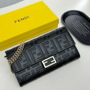 Fendi Women Baguette Continental Wallet With Chain Black Nappa Leather Wallet