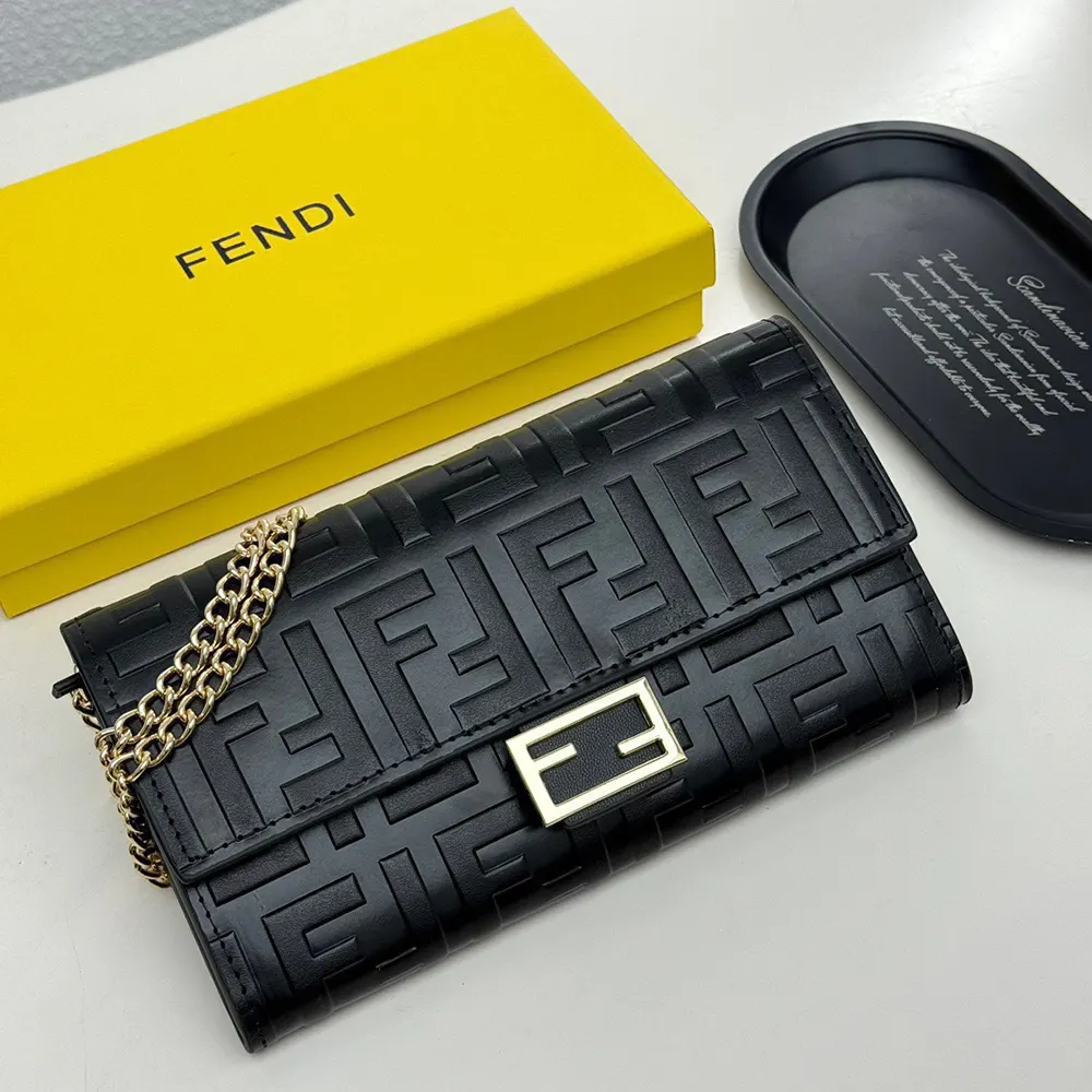 Fendi Women Baguette Continental Wallet With Chain Black Nappa Leather Wallet