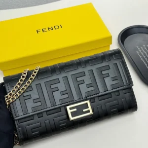 Fendi Women Baguette Continental Wallet With Chain Black Nappa Leather Wallet