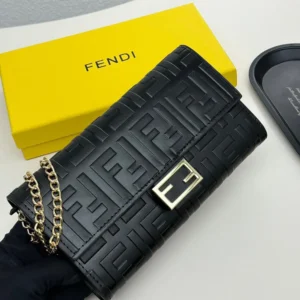Fendi Women Baguette Continental Wallet With Chain Black Nappa Leather Wallet
