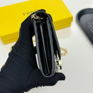 Fendi Women Baguette Continental Wallet With Chain Black Nappa Leather Wallet