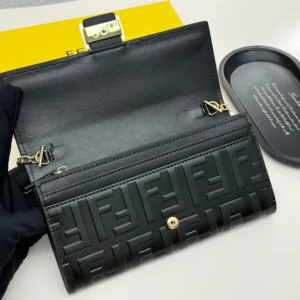 Fendi Women Baguette Continental Wallet With Chain Black Nappa Leather Wallet