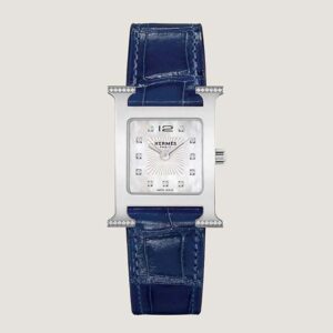 Hermes Women Heure H Watch Small Model Quartz Movement 25 mm in Diamond-set Steel-Navy