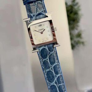 Hermes Women Heure H Watch Small Model Quartz Movement 25 mm in Diamond-set Steel-Navy