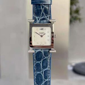 Hermes Women Heure H Watch Small Model Quartz Movement 25 mm in Diamond-set Steel-Navy