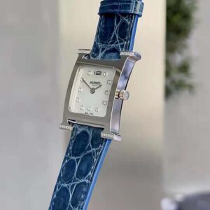 Hermes Women Heure H Watch Small Model Quartz Movement 25 mm in Diamond-set Steel-Navy