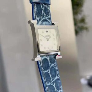Hermes Women Heure H Watch Small Model Quartz Movement 25 mm in Diamond-set Steel-Navy