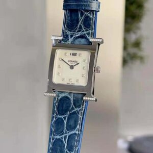 Hermes Women Heure H Watch Small Model Quartz Movement 25 mm in Diamond-set Steel-Navy