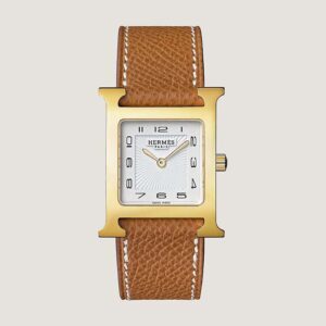 Hermes Women Heure H Watch Small Model Quartz Movement 25 mm in Yellow Gold-Plated Steel-Brown