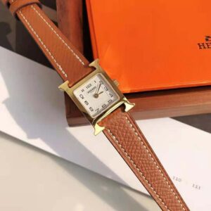 Hermes Women Heure H Watch Small Model Quartz Movement 25 mm in Yellow Gold-Plated Steel-Brown