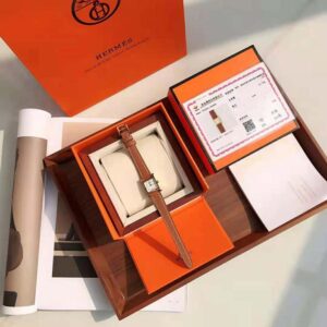 Hermes Women Heure H Watch Small Model Quartz Movement 25 mm in Yellow Gold-Plated Steel-Brown