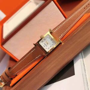 Hermes Women Heure H Watch Small Model Quartz Movement 25 mm in Yellow Gold-Plated Steel-Brown