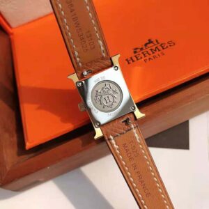 Hermes Women Heure H Watch Small Model Quartz Movement 25 mm in Yellow Gold-Plated Steel-Brown