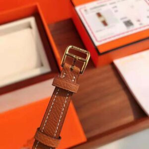 Hermes Women Heure H Watch Small Model Quartz Movement 25 mm in Yellow Gold-Plated Steel-Brown