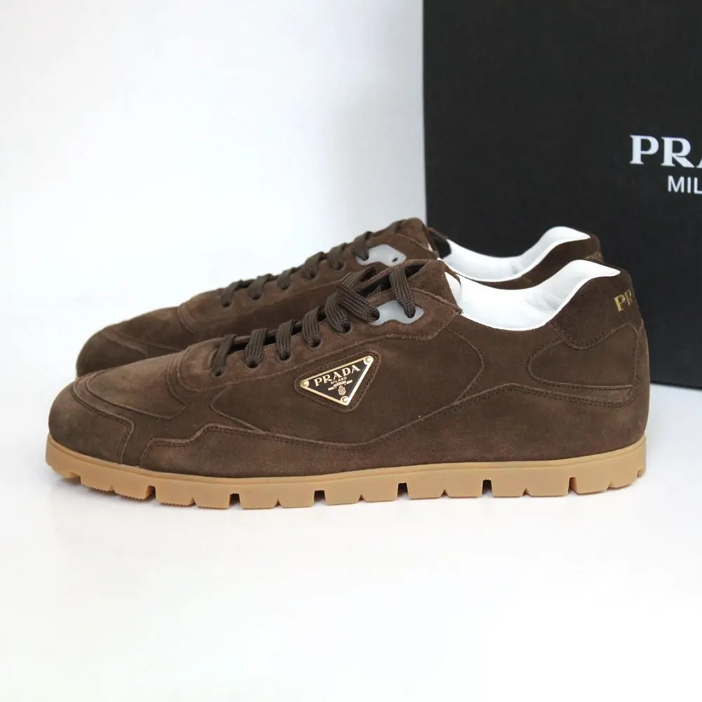 Prada Unisex Trail Brown Suede Lace up Logo Low top Sneaker