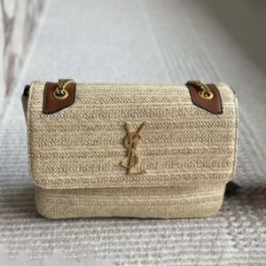 Saint Laurent YSL Women Niki Medium Chain Bag in Raffia and Leather-Natural