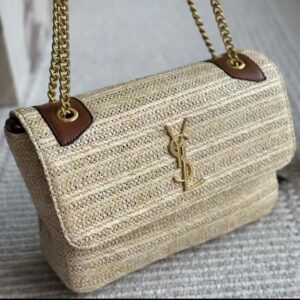 Saint Laurent YSL Women Niki Medium Chain Bag in Raffia and Leather-Natural