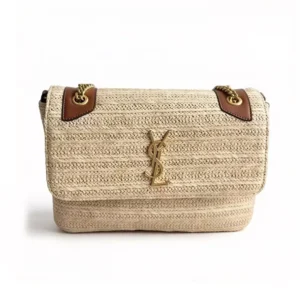 Saint Laurent YSL Women Niki Medium Chain Bag in Raffia and Leather-Natural