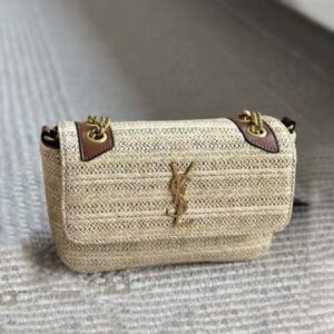 Saint Laurent YSL Women Niki Small Chain Bag in Raffia and Leather-Natural