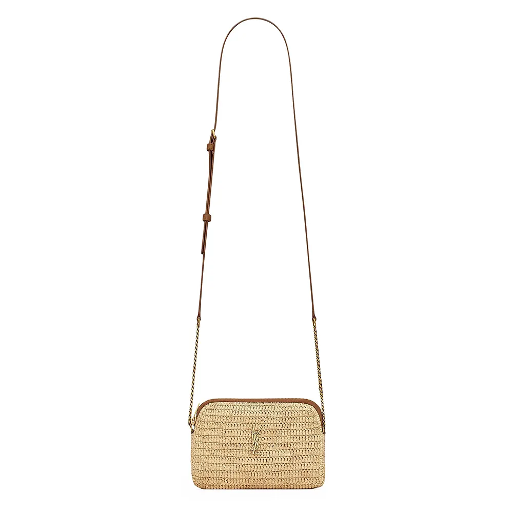 Saint Laurent YSL Women Saint Laurent YSL Women Gaby Zipped Pouch in Raffia and Vegetable-tanned Leather