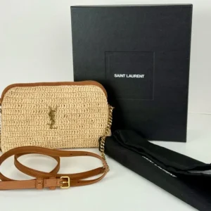 Saint Laurent YSL Women Saint Laurent YSL Women Gaby Zipped Pouch in Raffia and Vegetable-tanned Leather