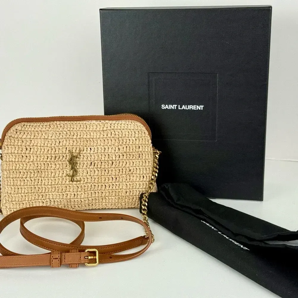 Saint Laurent YSL Women Saint Laurent YSL Women Gaby Zipped Pouch in Raffia and Vegetable-tanned Leather
