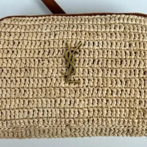 Saint Laurent YSL Women Saint Laurent YSL Women Gaby Zipped Pouch in Raffia and Vegetable-tanned Leather