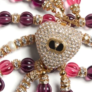 Valentino Women Coeur Royal Necklace in Metal Enamel Fluted Glass Pearls and Crystals