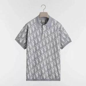 Dior Men Oblique Polo Shirt Regular Fit Gray Cotton-Wool-Silk Jacquard 683M824A7040