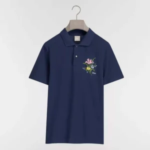 Dior Men Polo Shirt with Dior Secret Garden Embroidery Relaxed Fit Blue Cotton Piqué