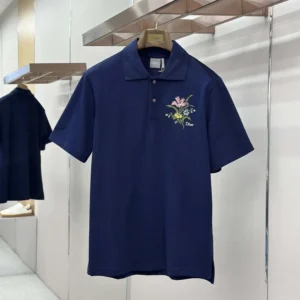 Dior Men Polo Shirt with Dior Secret Garden Embroidery Relaxed Fit Blue Cotton Piqué