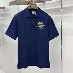 Dior Men Polo Shirt with Dior Secret Garden Embroidery Relaxed Fit Blue Cotton Piqué
