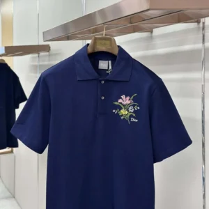 Dior Men Polo Shirt with Dior Secret Garden Embroidery Relaxed Fit Blue Cotton Piqué