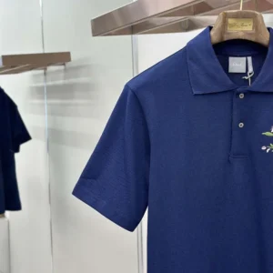 Dior Men Polo Shirt with Dior Secret Garden Embroidery Relaxed Fit Blue Cotton Piqué