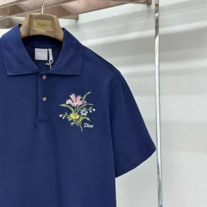 Dior Men Polo Shirt with Dior Secret Garden Embroidery Relaxed Fit Blue Cotton Piqué