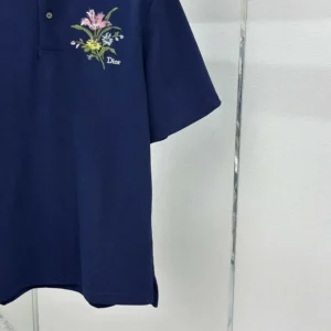 Dior Men Polo Shirt with Dior Secret Garden Embroidery Relaxed Fit Blue Cotton Piqué