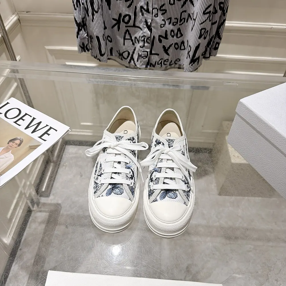 Dior Unisex Dioriviera Walk'n'Dior Sneaker White and Blue Toile de Jouy Floral Garden Embroidered Cotton