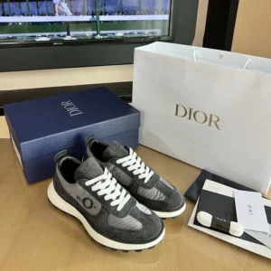 Dior Unisex Squash Sneaker Black Suede Calfskin and Gray Technical Fabric