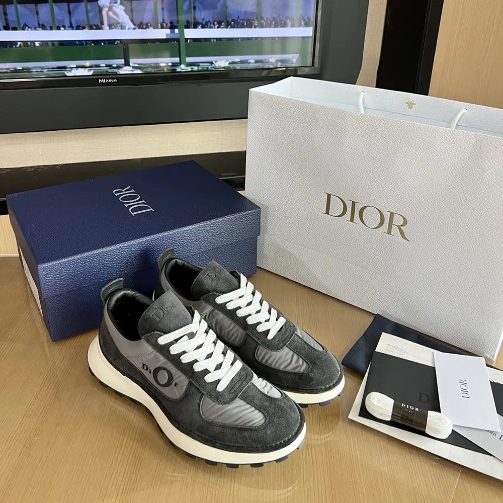 Dior Unisex Squash Sneaker Black Suede Calfskin and Gray Technical Fabric