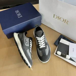 Dior Unisex Squash Sneaker Black Suede Calfskin and Gray Technical Fabric