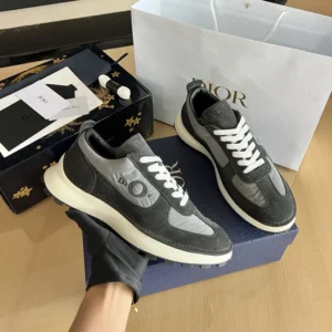 Dior Unisex Squash Sneaker Black Suede Calfskin and Gray Technical Fabric