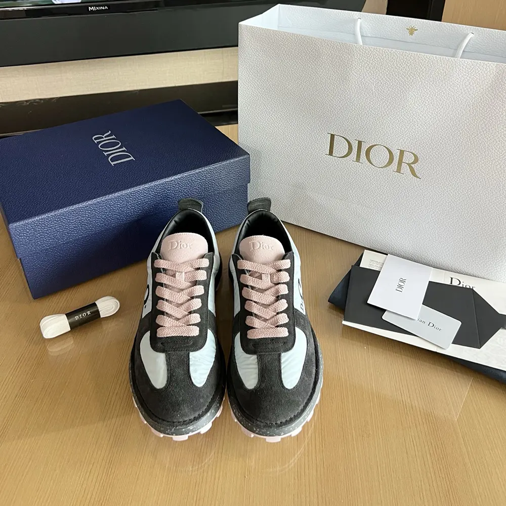 Dior Unisex Squash Sneaker Gray and Pink Suede Calfskin with Light Blue Technical Fabric