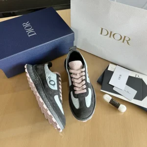 Dior Unisex Squash Sneaker Gray and Pink Suede Calfskin with Light Blue Technical Fabric