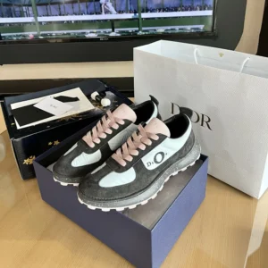 Dior Unisex Squash Sneaker Gray and Pink Suede Calfskin with Light Blue Technical Fabric