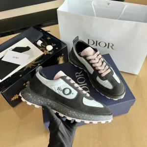 Dior Unisex Squash Sneaker Gray and Pink Suede Calfskin with Light Blue Technical Fabric